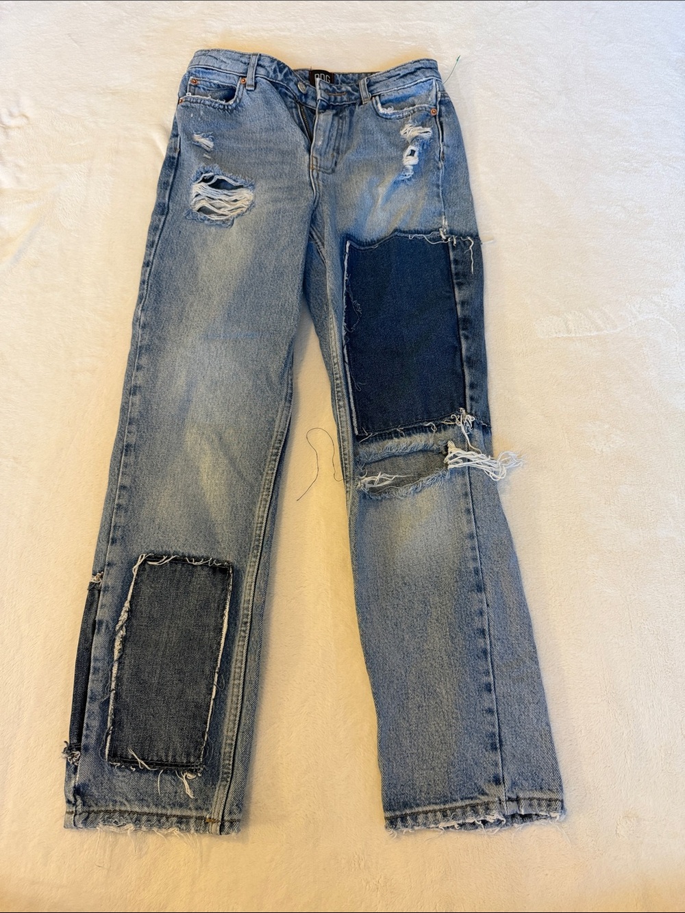 BDG Light Blue Distressed Wide-Leg Jeans with Dark Patchwork